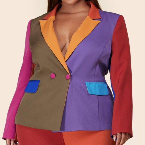 COLOR BLOCK BLAZER & PANT SET - PLUS💋💋💋 - Picture 2 of 5
